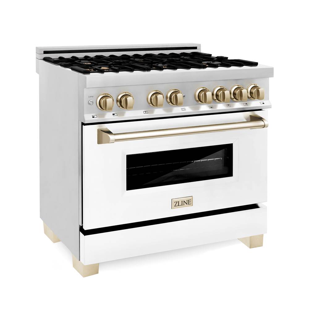 Z-Line - Autograph Edition 36'' 4.6 cu.' Range with Gas Stove and Gas Oven in Stainless Steel with White Matte Door and Gold Accents (RGZ-36-G)