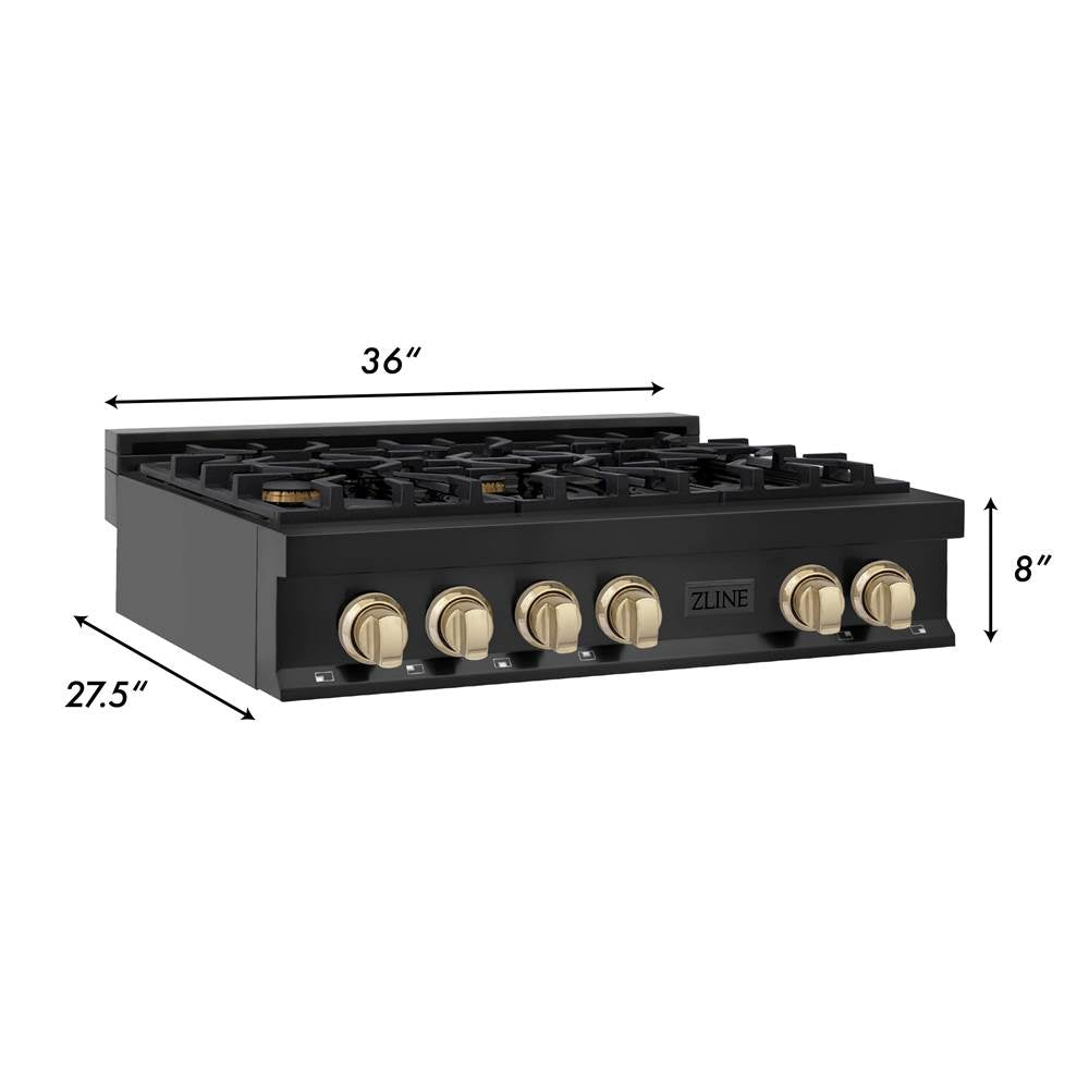 Autograph Edition 36'' Porcelain Rangetop with 6 Gas Burners in Black Stainless Steel and Champagne Bronze Accents