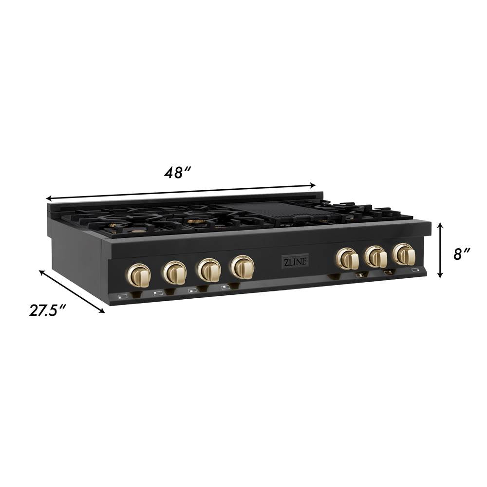 Autograph Edition 48'' Porcelain Rangetop with 7 Gas Burners in Black Stainless Steel and Champagne Bronze Accents