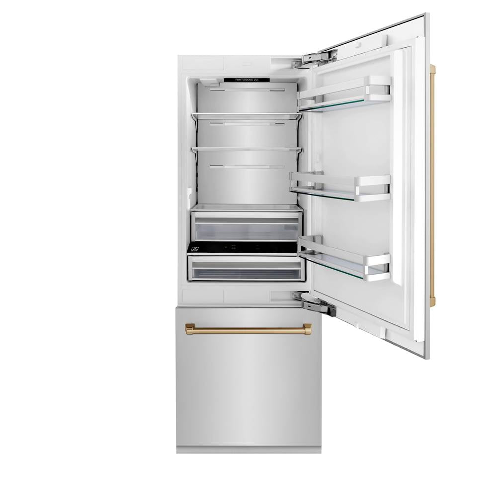 30 Autograph Edition 16.1 cu. ft. Built-in 2-Door Bottom Freezer Refrigerator with Internal Water and Ice Dispenser in Stainless Steel with Champagne Bronze Accents