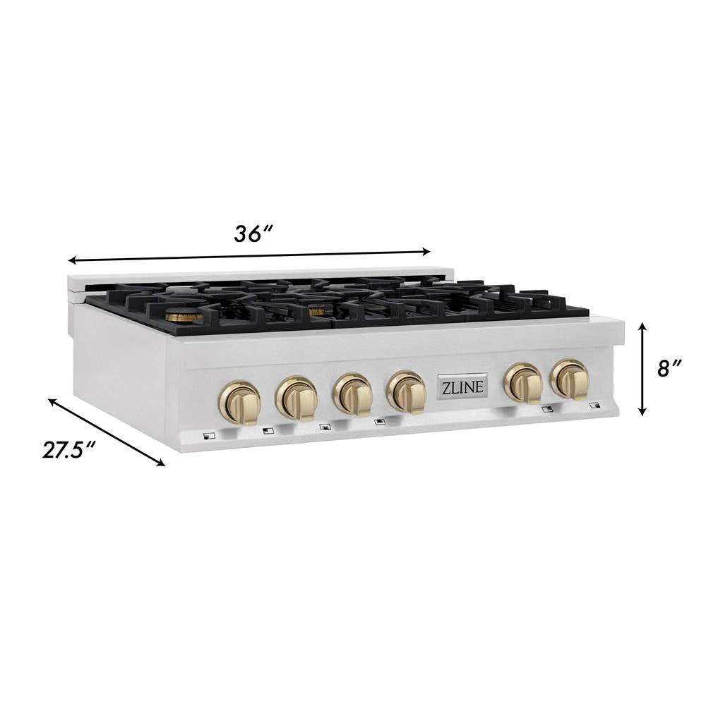 Autograph Edition 36'' Porcelain Rangetop with 6 Gas Burners in DuraSnow Stainless Steel and Champagne Bronze Accents