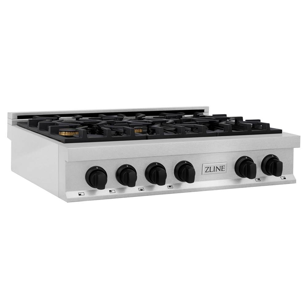 Z-Line - Autograph Edition 36'' Porcelain Rangetop with 6 Gas Burners in DuraSnow Stainless Steel and Matte Black Accents - Matte Black
