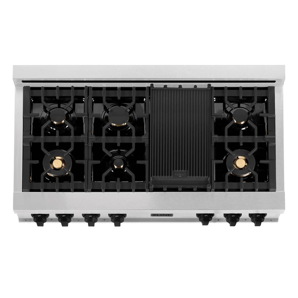 Autograph Edition 48'' Porcelain Rangetop with 7 Gas Burners in DuraSnow Stainless Steel and Champagne Bronze Accents