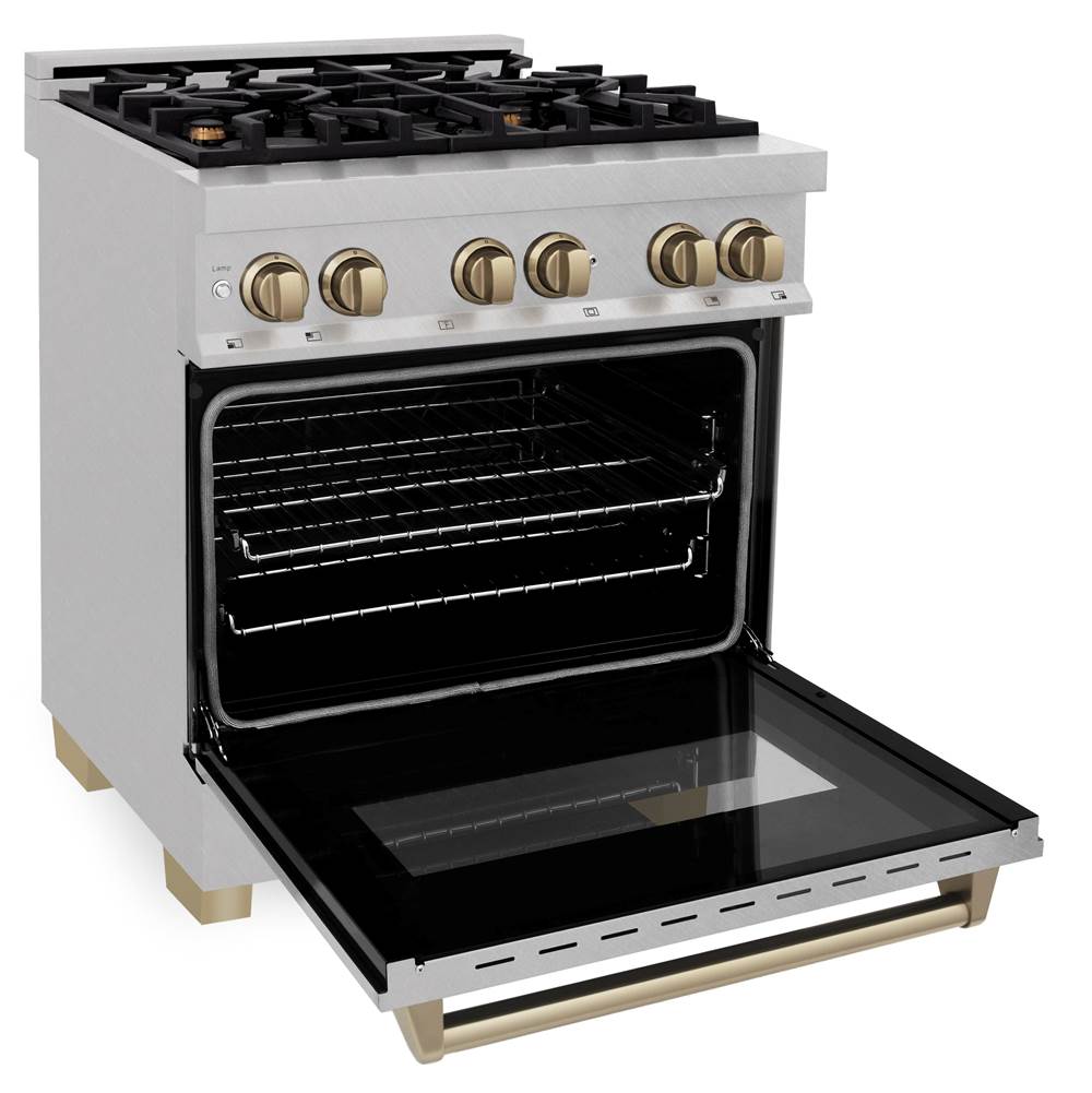Autograph Edition 30'' 4.0 cu.' Dual Fuel Range with Gas Stove and Electric Oven in DuraSnow Stainless Steel with Champagne Bronze Accents
