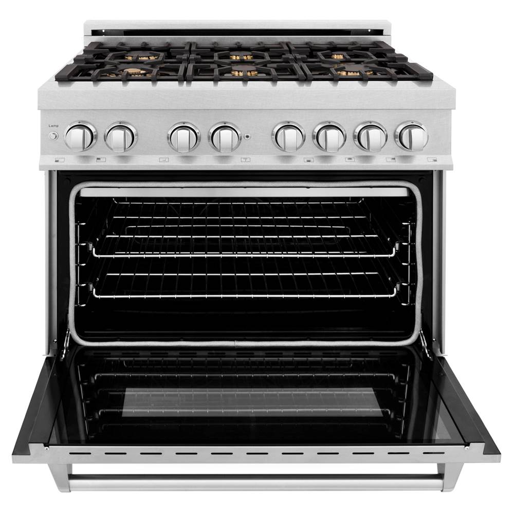 36'' 4.6 cu. ft. Electric Oven and Gas Cooktop Dual Fuel Range with Griddle and Brass Burners in Fingerprint Resistant Stainless