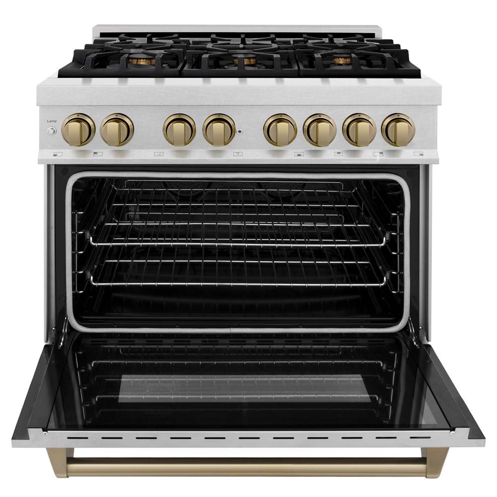 Autograph Edition 36'' 4.6 cu.' Dual Fuel Range with Gas Stove and Electric Oven in DuraSnow Stainless Steel with Champagne Bronze Accents