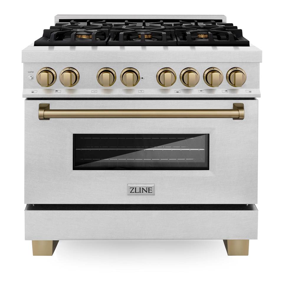 Autograph Edition 36'' 4.6 cu.' Dual Fuel Range with Gas Stove and Electric Oven in DuraSnow Stainless Steel with Champagne Bronze Accents