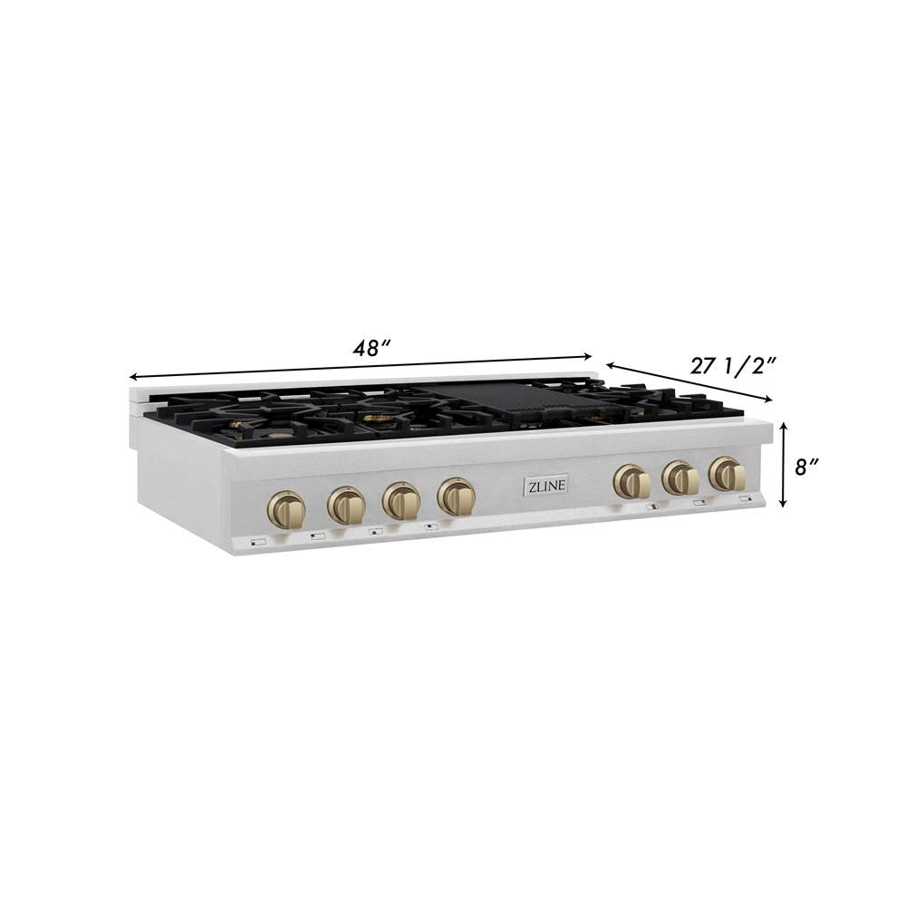 Autograph Edition 48'' Porcelain Rangetop with 7 Gas Burners in DuraSnow Stainless Steel and Champagne Bronze Accents