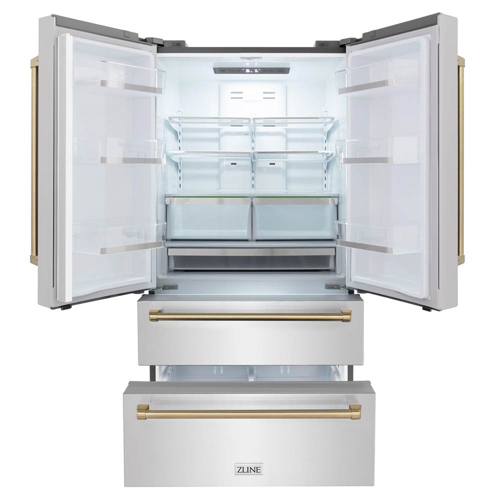 36'' Autograph Edition 22.5 cu. ft Freestanding French Door Refrigerator with Ice Maker in Fingerprint Resistant Stainless Steel with Champagne Bronze Accents