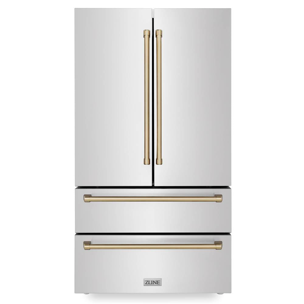 Z-Line - 36'' Autograph Edition 22.5 cu. ft Freestanding French Door Refrigerator with Ice Maker in Fingerprint Resistant Stainless Steel with Champagne Bronze Accents