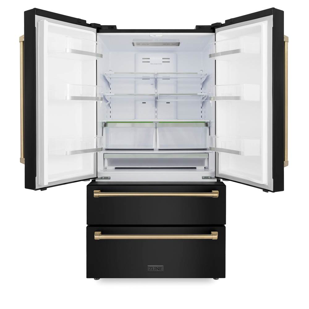 36'' Autograph Edition 22.5 cu. ft Freestanding French Door Refrigerator with Ice Maker in Fingerprint Resistant Black Stainless Steel with Champagne Bronze Accents (RFMZ-36-BS-CB)