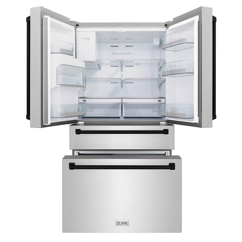 36'' Autograph Edition 21.6 cu. ft Freestanding French Door Refrigerator with Water and Ice Dispenser in Fingerprint Resistant Stainless Steel with Matte Black Accents (RFMZ-36-MB)