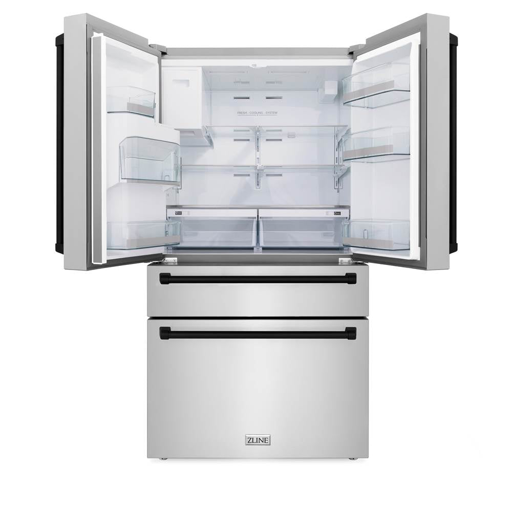 36'' Autograph Edition 21.6 cu. ft Freestanding French Door Refrigerator with Water and Ice Dispenser in Fingerprint Resistant Stainless Steel with Matte Black Accents (RFMZ-36-MB)