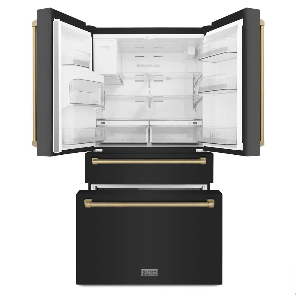 36'' Autograph Edition 21.6 cu. ft Freestanding French Door Refrigerator with Water and Ice Dispenser in Fingerprint Resistant Black Stainless Steel with Champagne Bronze Handles