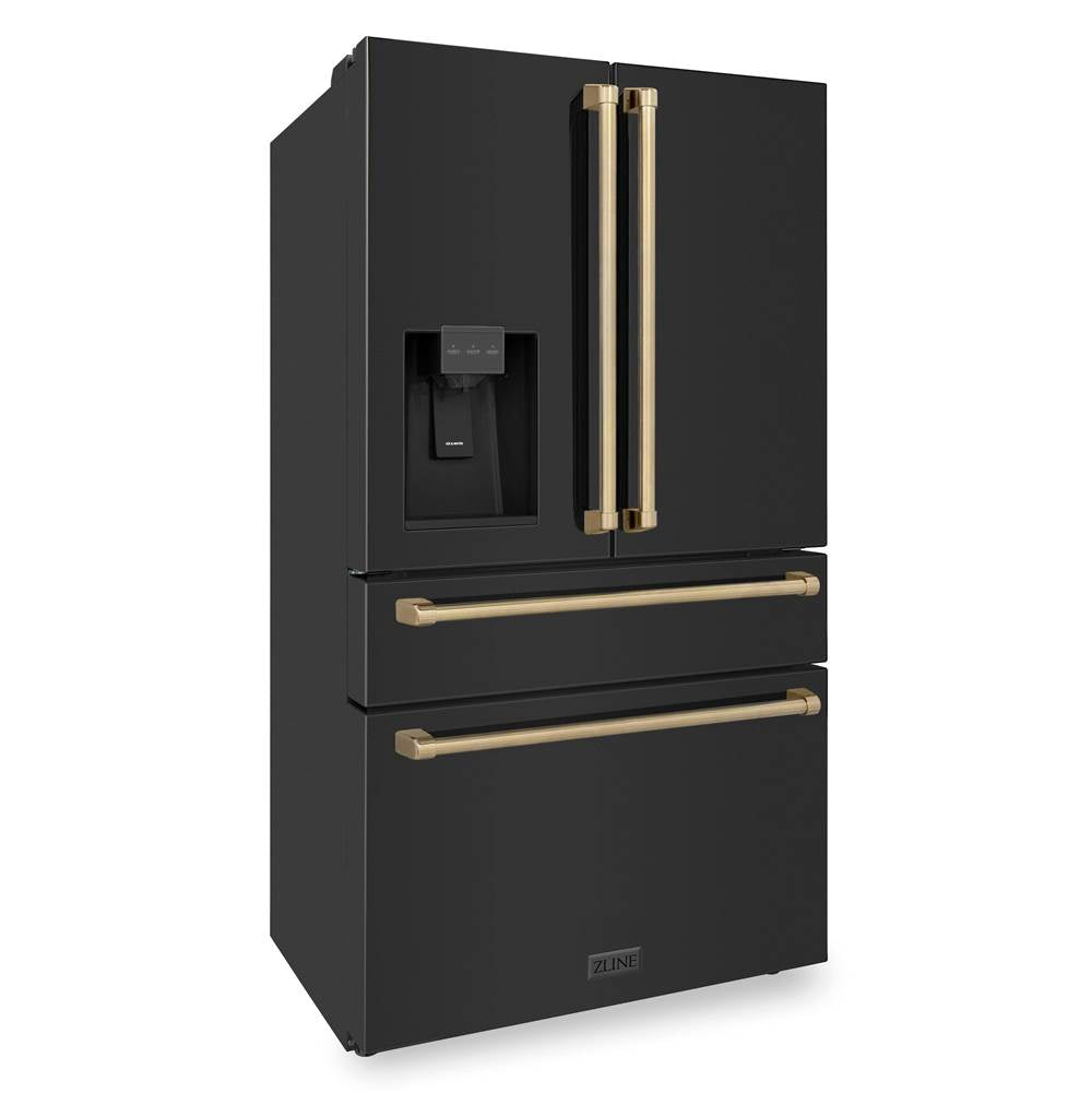 36'' Autograph Edition 21.6 cu. ft Freestanding French Door Refrigerator with Water and Ice Dispenser in Fingerprint Resistant Black Stainless Steel with Champagne Bronze Handles