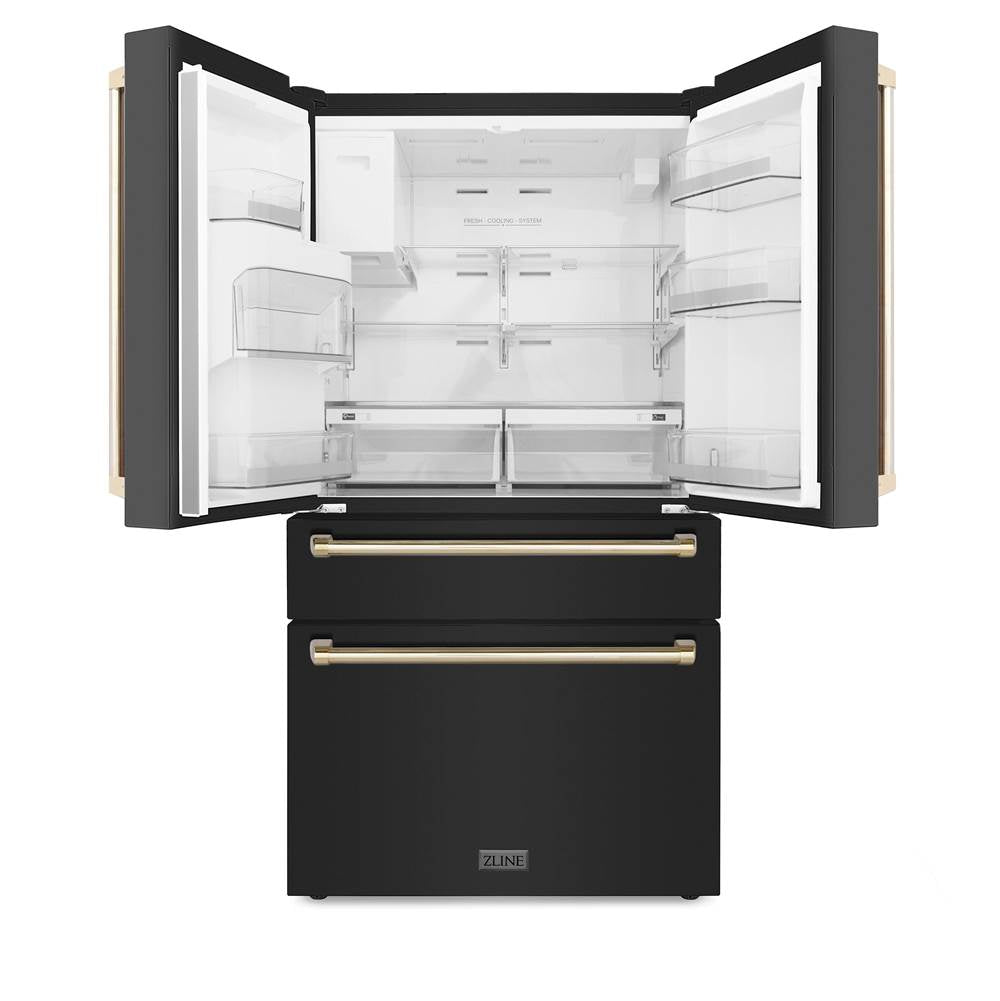 36'' Autograph Edition 21.6 cu. ft Freestanding French Door Refrigerator with Water and Ice Dispenser in Fingerprint Resistant Black Stainless Steel with Gold Handles