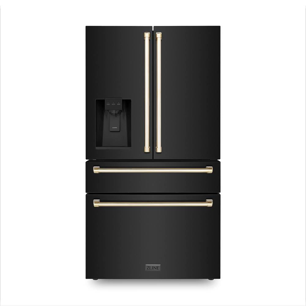 Z-Line - 36'' Autograph Edition 21.6 cu. ft Freestanding French Door Refrigerator with Water and Ice Dispenser in Fingerprint Resistant Black Stainless Steel with Gold Handles - Black Stainless Steel