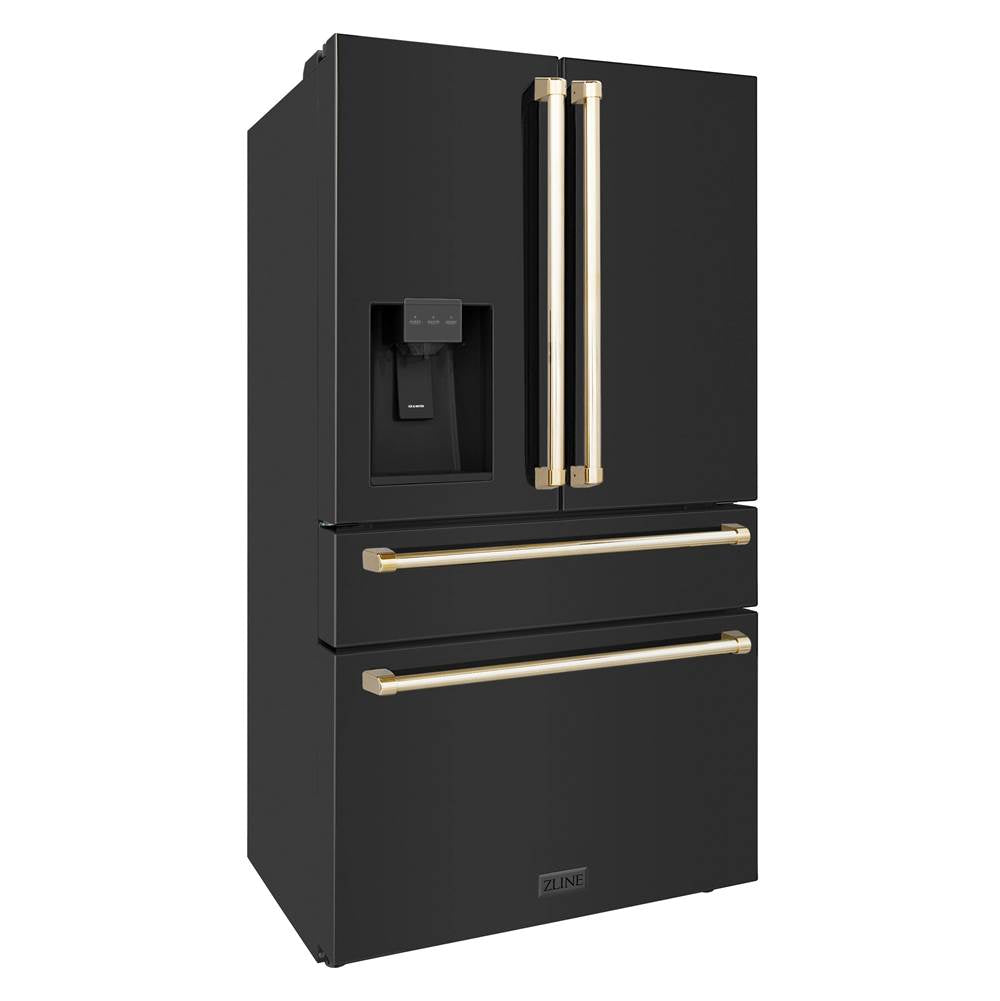 36'' Autograph Edition 21.6 cu. ft Freestanding French Door Refrigerator with Water and Ice Dispenser in Fingerprint Resistant Black Stainless Steel with Gold Handles