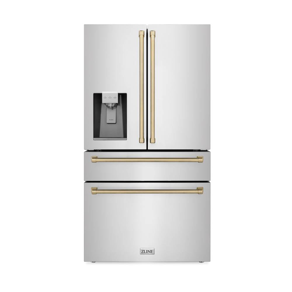Z-Line - 36'' Autograph Edition 21.6 cu. ft Freestanding French Door Refrigerator with Water and Ice Dispenser in Fingerprint Resistant Stainless Steel with Champagne Bronze Accents (RFMZ-36-CB)