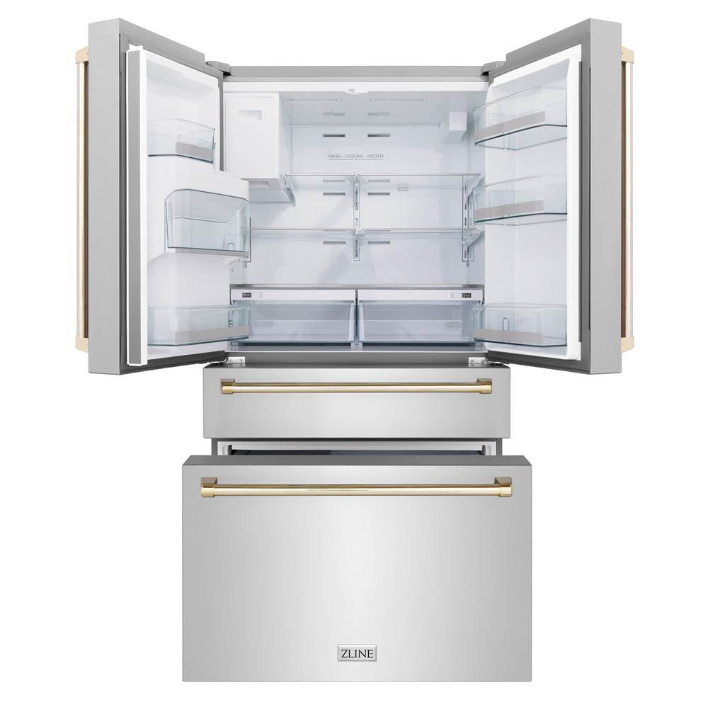 36'' Autograph Edition 21.6 cu. ft Freestanding French Door Refrigerator with Water and Ice Dispenser in Fingerprint Resistant Black Stainless Steel with Gold Handles