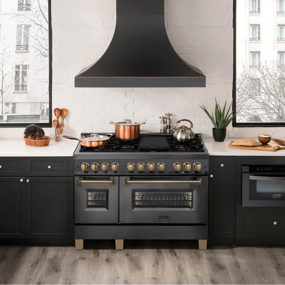 Autograph Edition 48'' 6.0 cu.' Dual Fuel Range with Gas Stove and Electric Oven in Black Stainless Steel with Champagne Bronze Accents