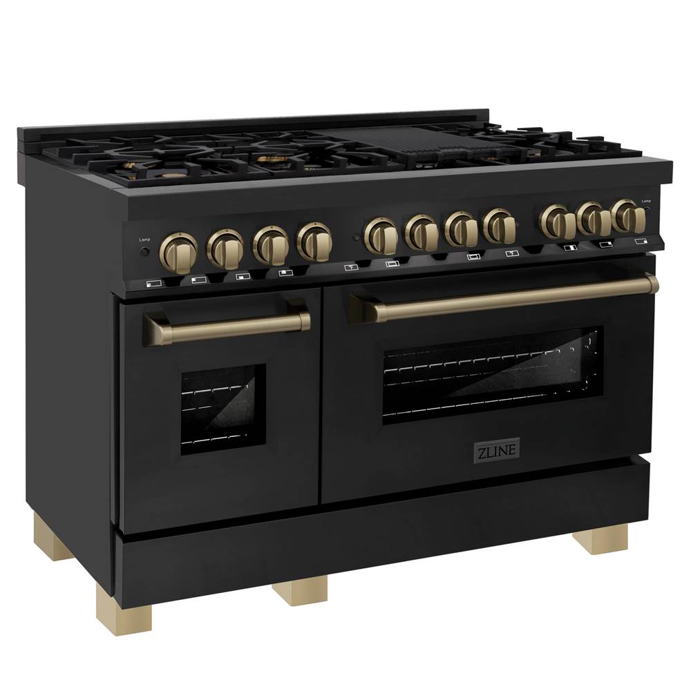 Z-Line - Autograph Edition 48'' 6.0 cu.' Dual Fuel Range with Gas Stove and Electric Oven in Black Stainless Steel with Champagne Bronze Accents - Champagne Bronze