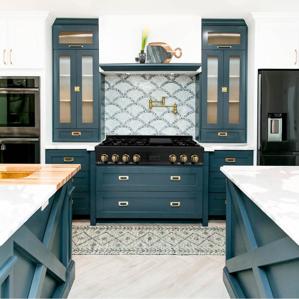 Autograph Edition 48'' Porcelain Rangetop with 7 Gas Burners in Black Stainless Steel and Champagne Bronze Accents