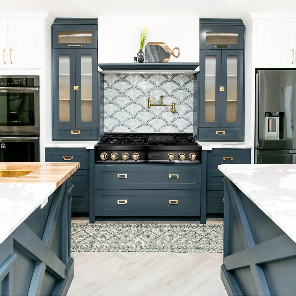 Autograph Edition 48'' Porcelain Rangetop with 7 Gas Burners in Black Stainless Steel and Champagne Bronze Accents