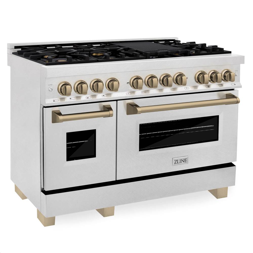 Z-Line - Autograph Edition 48'' 6.0 cu.' Dual Fuel Range with Gas Stove and Electric Oven in DuraSnow Stainless Steel with Champagne Bronze Accents - Champagne Bronze