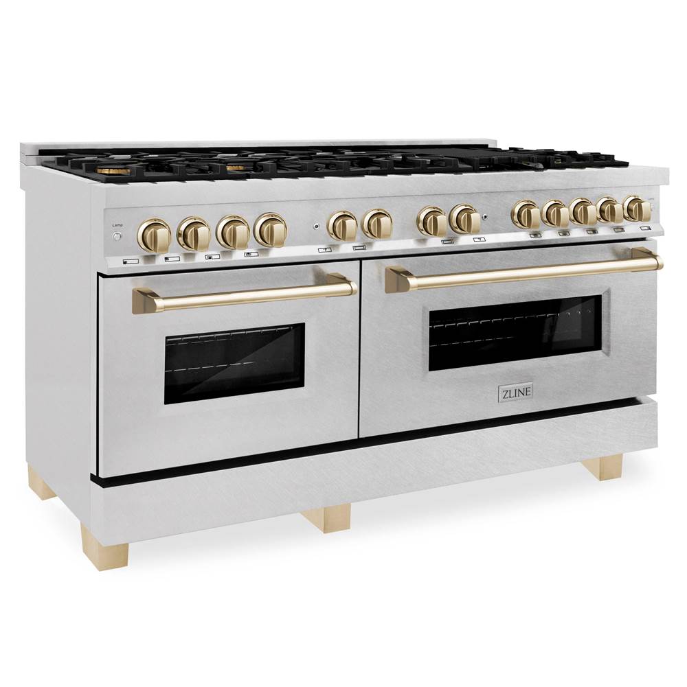 Z-Line - Autograph Edition 60'' 7.4 cu. ft. Dual Fuel Range with Gas Stove and Electric Oven in DuraSnow Stainless Steel with Gold Accents (RASZ-60-G) - Polished Gold