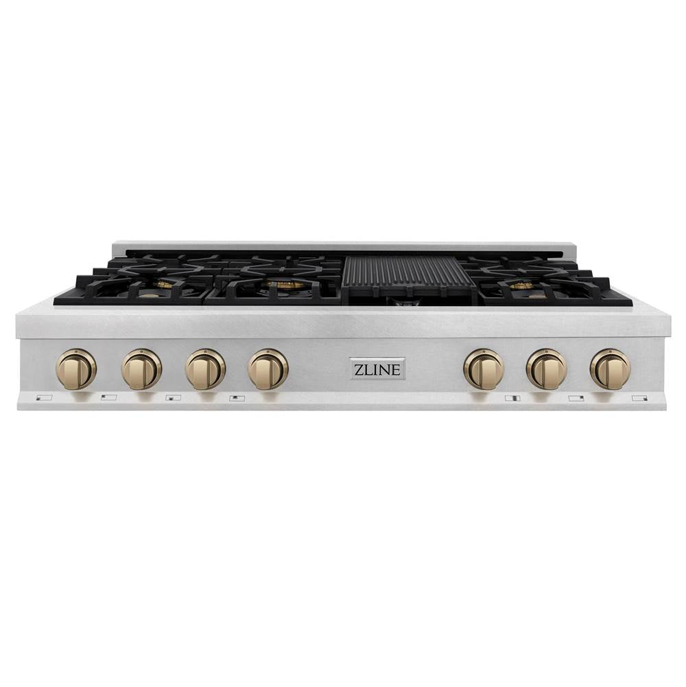 Autograph Edition 48'' Porcelain Rangetop with 7 Gas Burners in DuraSnow Stainless Steel and Champagne Bronze Accents