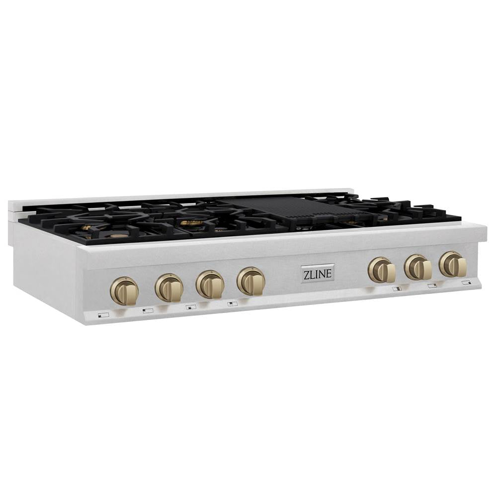 Z-Line - Autograph Edition 48'' Porcelain Rangetop with 7 Gas Burners in DuraSnow Stainless Steel and Champagne Bronze Accents - Champagne Bronze