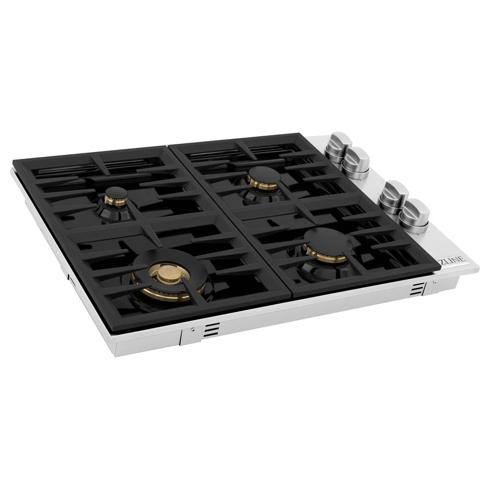 Z-Line - 30'' Dropin Cooktop with 4 Gas Brass Burners and Black Porcelain Top - Brass