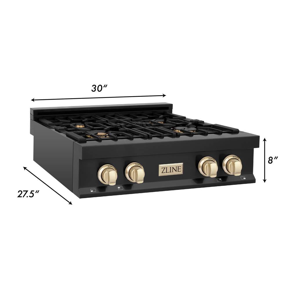 Autograph Edition 30'' Porcelain Rangetop with 4 Gas Burners in Black Stainless Steel and Champagne Bronze Accents