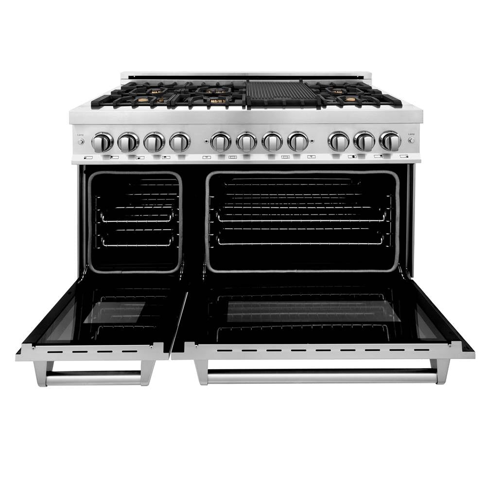 48'' 6.0 cu. ft. Electric Oven and Gas Cooktop Dual Fuel Range with Griddle and Brass Burners in Stainless Steel