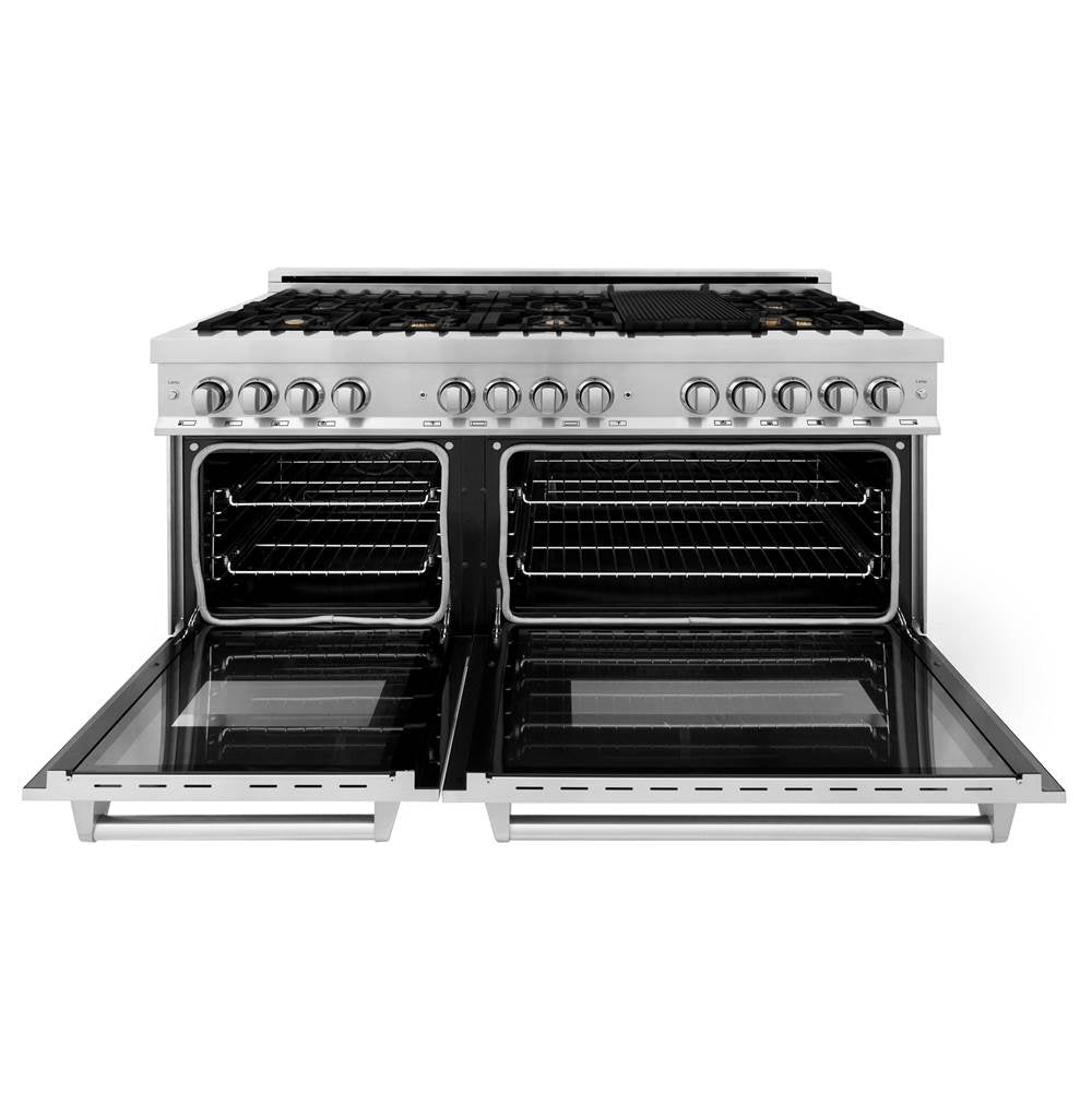 60'' 7.4 cu. ft. Electric Oven and Gas Cooktop Dual Fuel Range with Griddle and Brass Burners in Stainless Steel