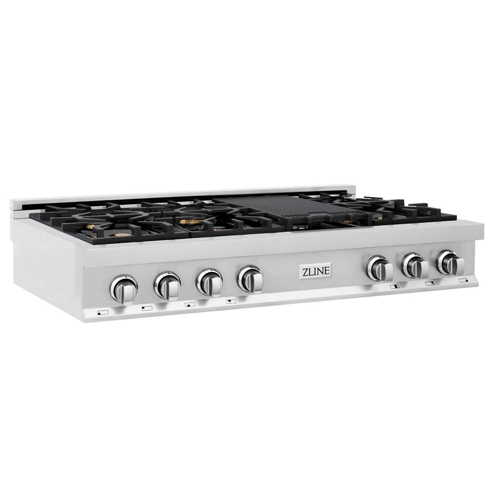 Z-Line - 48'' Porcelain Gas Stovetop in Stainless Steel with Brass Burners - Stainless Steel