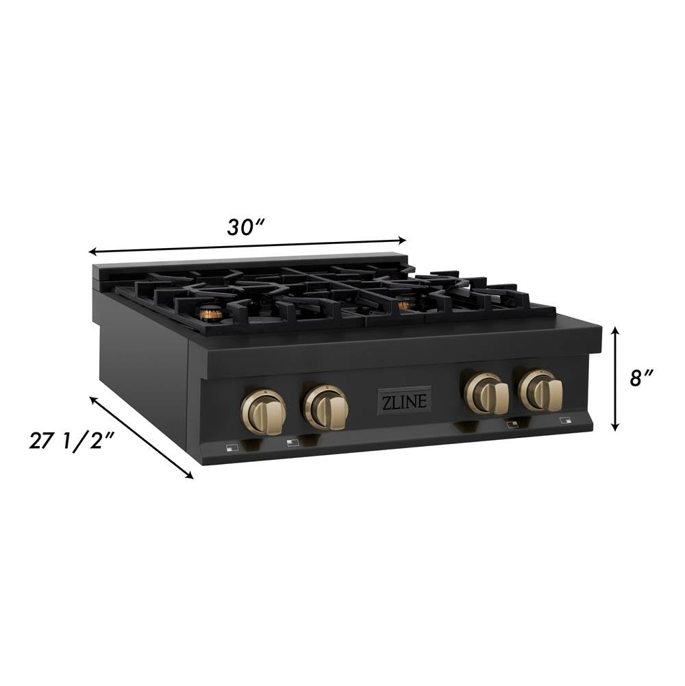 Autograph Edition 30'' Porcelain Rangetop with 4 Gas Burners in Black Stainless Steel and Champagne Bronze Accents