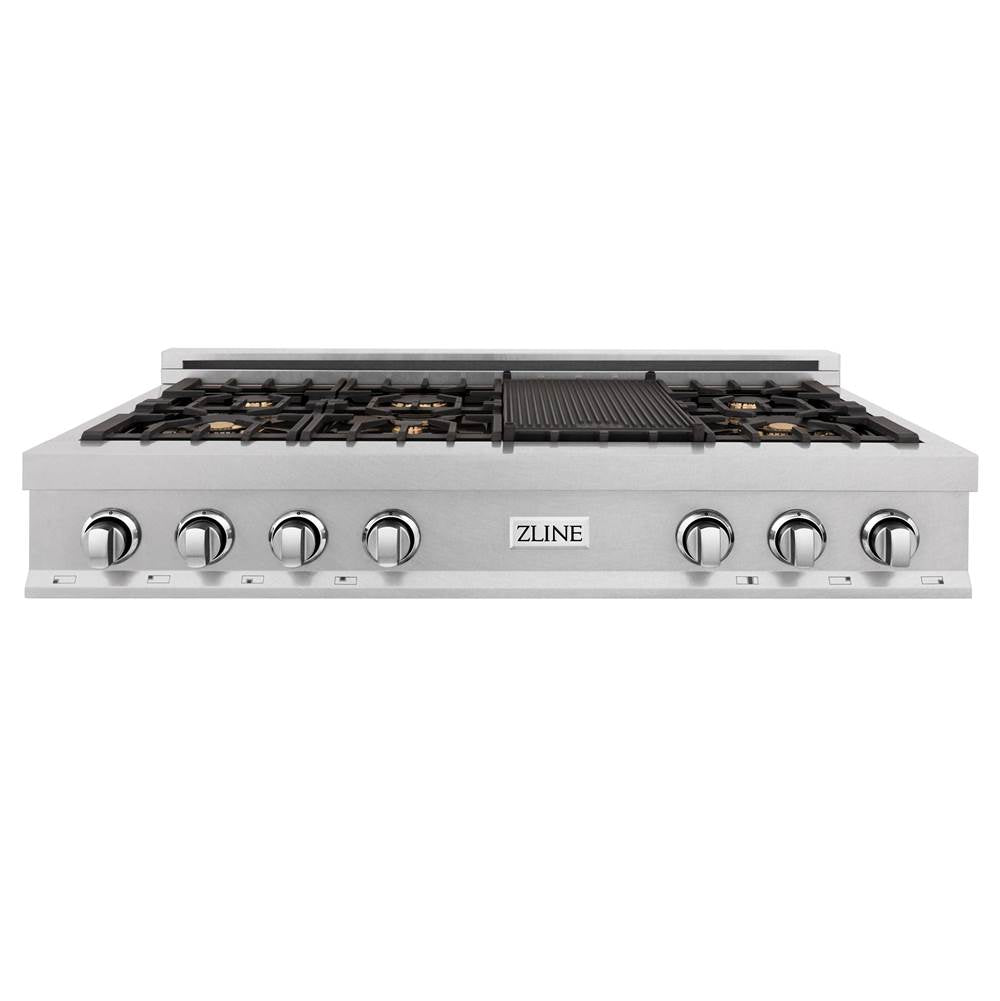 48'' Porcelain Gas Stovetop in DuraSnow Stainless Steel with 7 Gas Brass Burners and Griddle