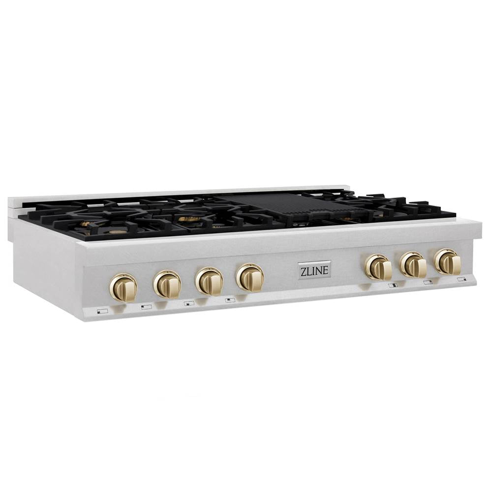 Z-Line - Autograph Edition 48'' Porcelain Rangetop with 7 Gas Burners in DuraSnow Stainless Steel and Gold Accents