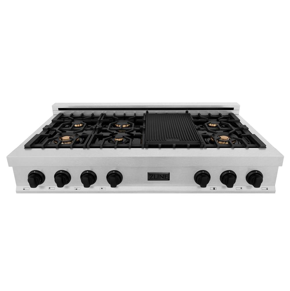 Autograph Edition 48'' Porcelain Rangetop with 7 Gas Burners in DuraSnow Stainless Steel and Champagne Bronze Accents