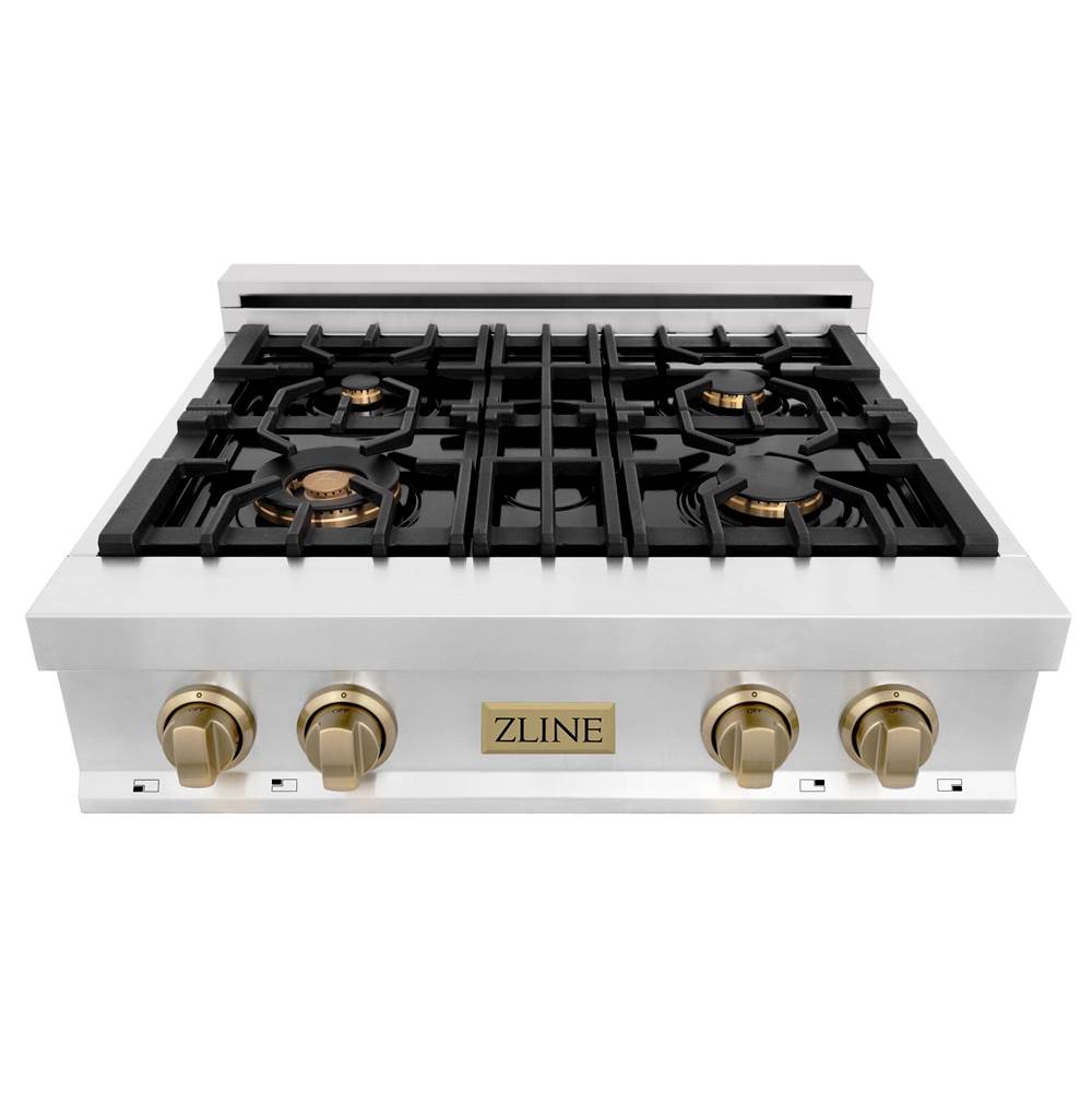 Autograph Edition 30'' Porcelain Rangetop with 4 Gas Burners in Stainless Steel and Champagne Bronze Accents