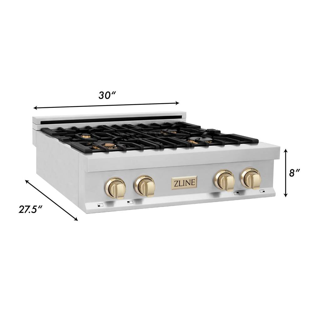 Autograph Edition 30'' Porcelain Rangetop with 4 Gas Burners in Stainless Steel and Champagne Bronze Accents