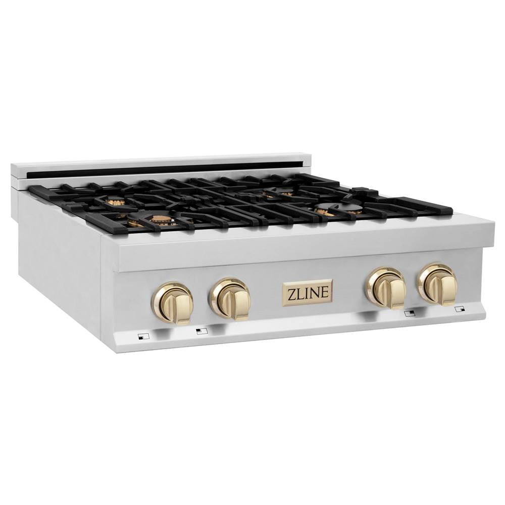 Z-Line - Autograph Edition 30'' Porcelain Rangetop with 4 Gas Burners in Stainless Steel and Gold Accents