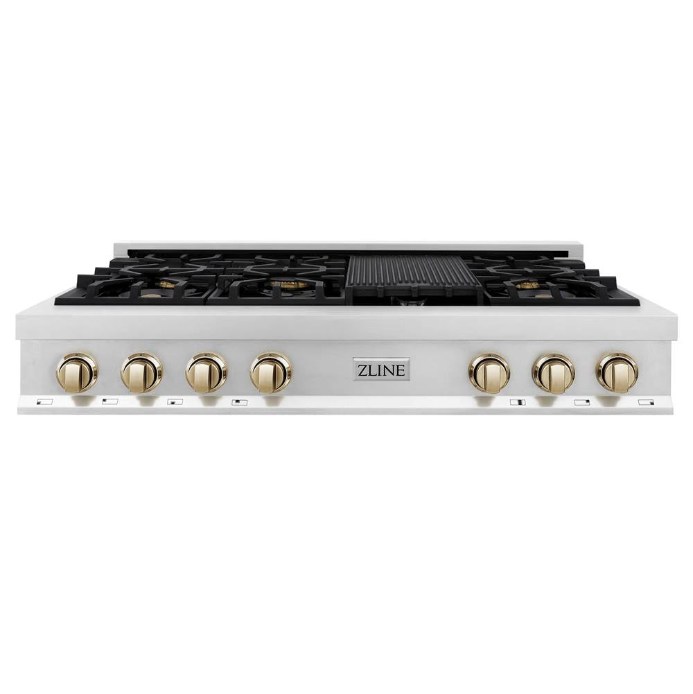 Autograph Edition 48'' Porcelain Rangetop with 7 Gas Burners in Stainless Steel and Champagne Bronze Accents