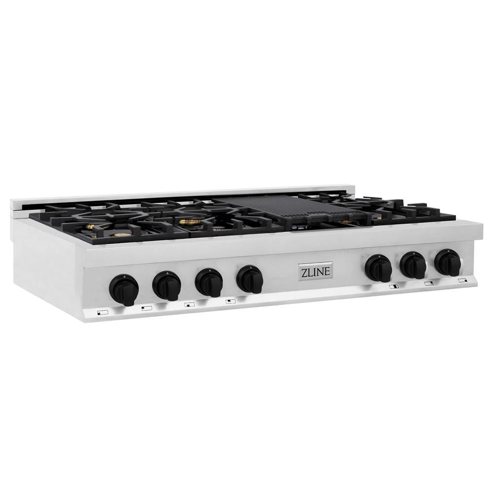 Z-Line - Autograph Edition 48'' Porcelain Rangetop with 7 Gas Burners in Stainless Steel and Gold Accents - Matte Black