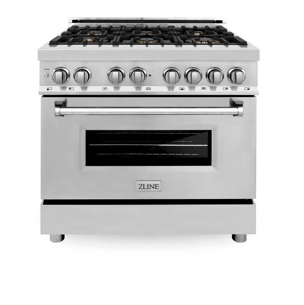 36'' 4.6 cu. ft. Electric Oven and Gas Cooktop Dual Fuel Range with Griddle and Brass Burners in Stainless Steel