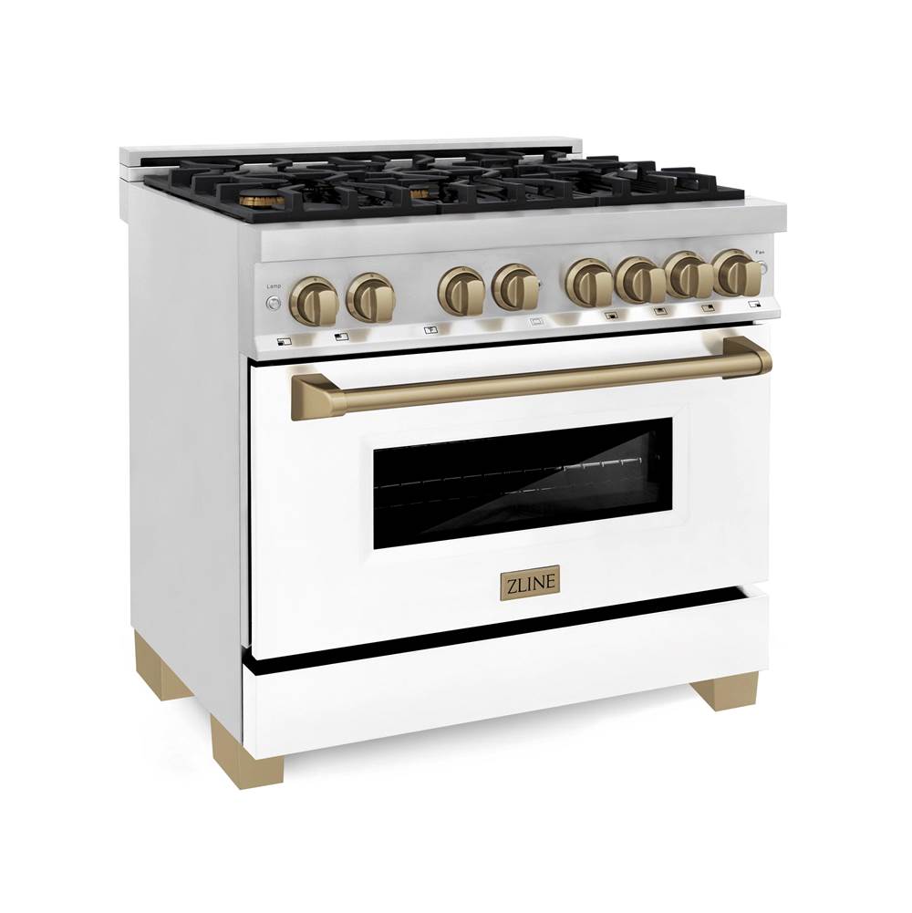 Z-Line - Autograph Edition 36'' 4.6 cu.' Dual Fuel Range with Gas Stove and Electric Oven in Stainless Steel with White Matte Door and CB Accents - Champagne Bronze