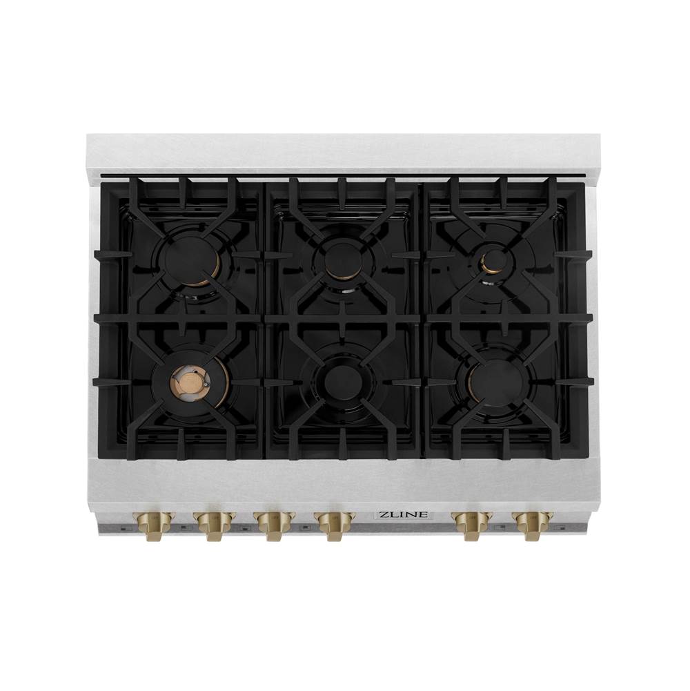 Autograph Edition 36'' Porcelain Rangetop with 6 Gas Burners in DuraSnow Stainless Steel and Champagne Bronze Accents