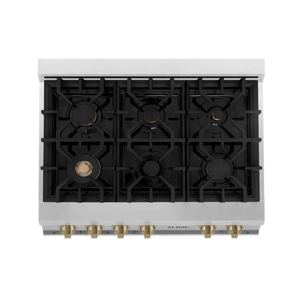 Autograph Edition 36'' Porcelain Rangetop with 6 Gas Burners in Stainless Steel and Champagne Bronze Accents